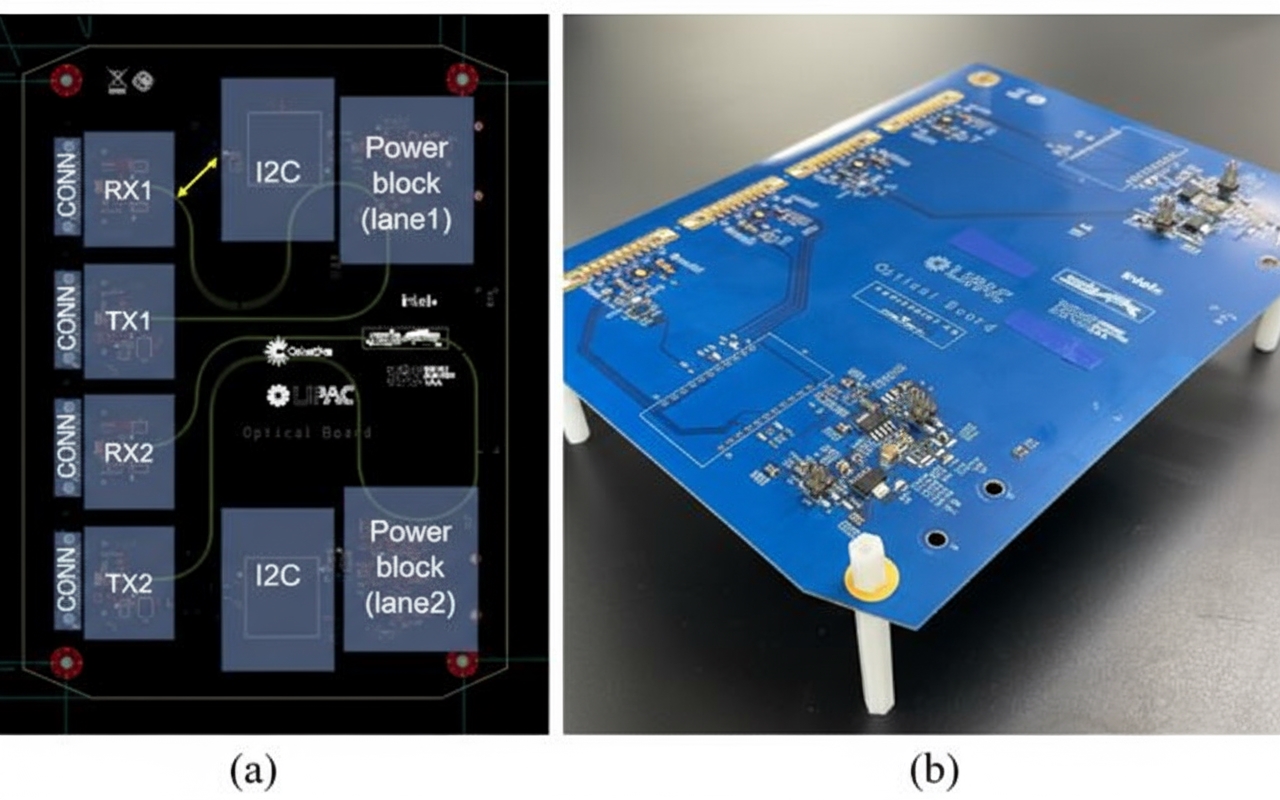 Figure 4. (a) PCB design of the demonstrator, including power block, I2C circuit, and RF connector.