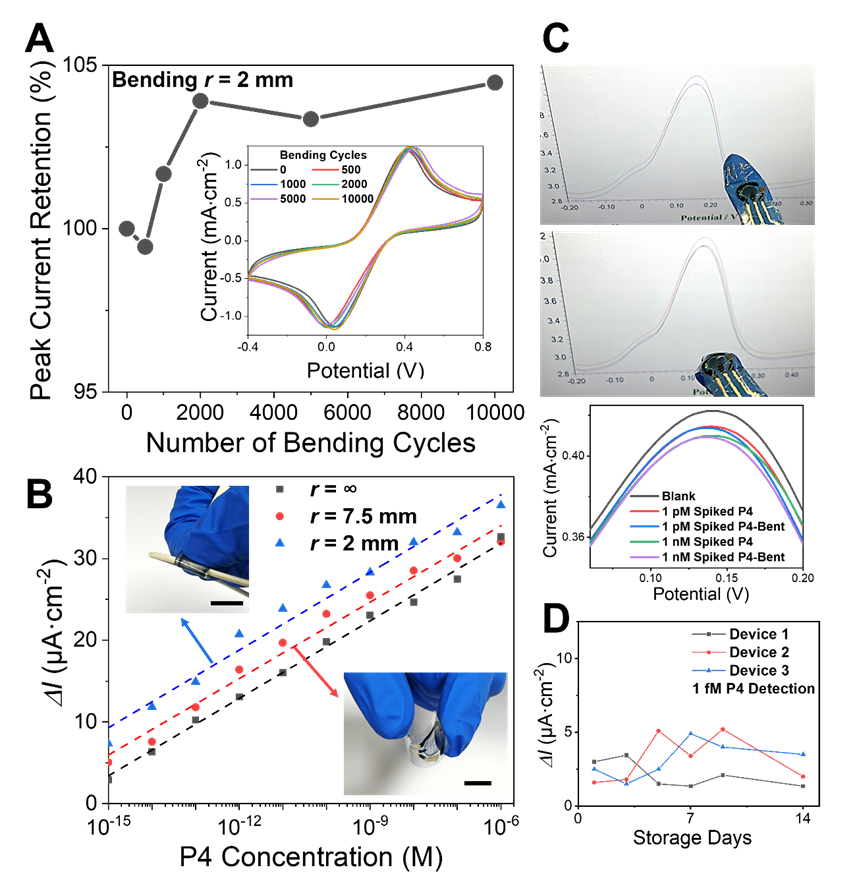 Mechanical bending and storage stability of flexible immunosensing electrodes