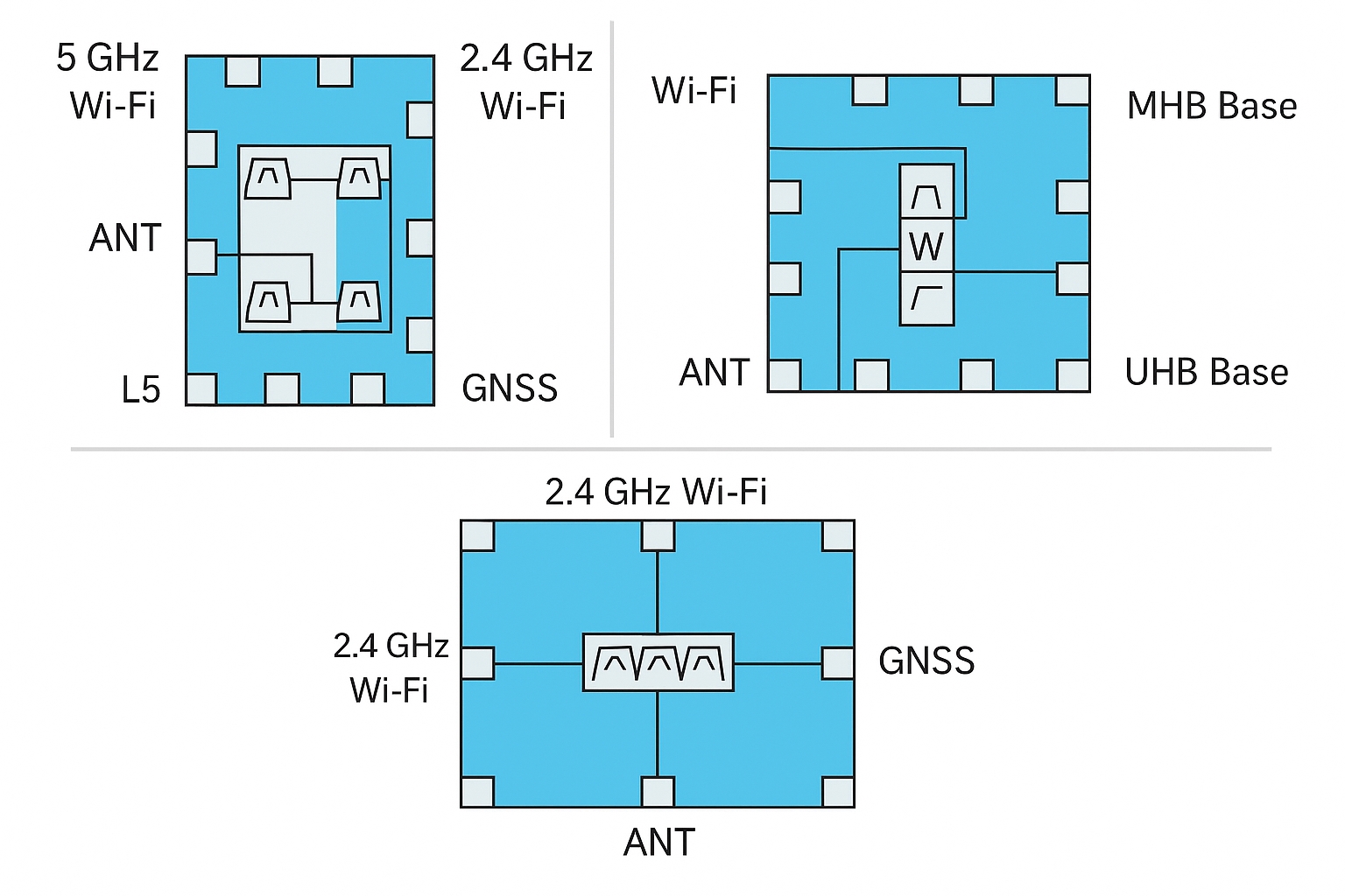 Examples of antenna multiplexer configurations including triplexer sharing a single antenna