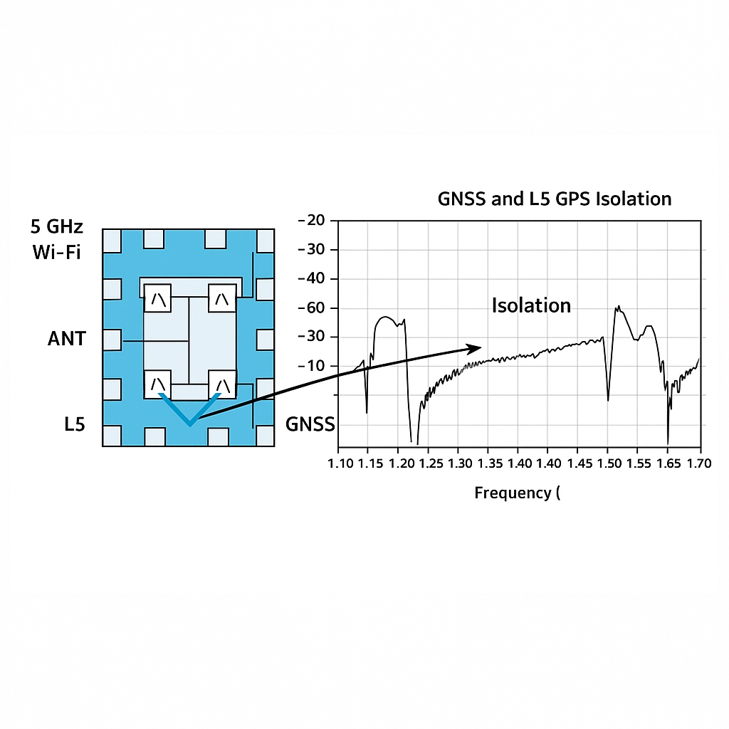 Measured isolation between GPS L5 and GNSS filters in an antenna multiplexer