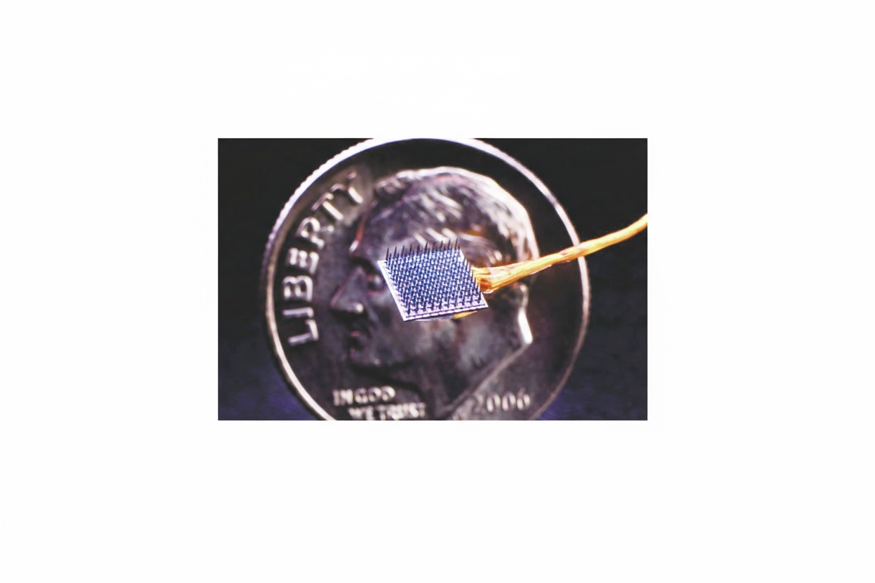 BrainGate implant consisting of 100 small metal electrodes (about the size of a dime) recording motor cortex signals during handwriting, then converted in real time to text. Source: BrainGate (public domain).