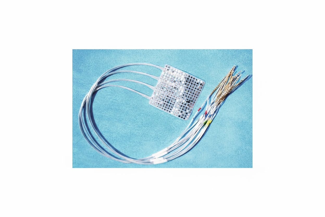 ECoG implant used by the UCSF Medical Center team, with 256 electrodes in a 6 cm square on the brain surface; it can decode language in epilepsy patients without penetrating brain tissue. Source: UCSF/Noah Berger (public domain).