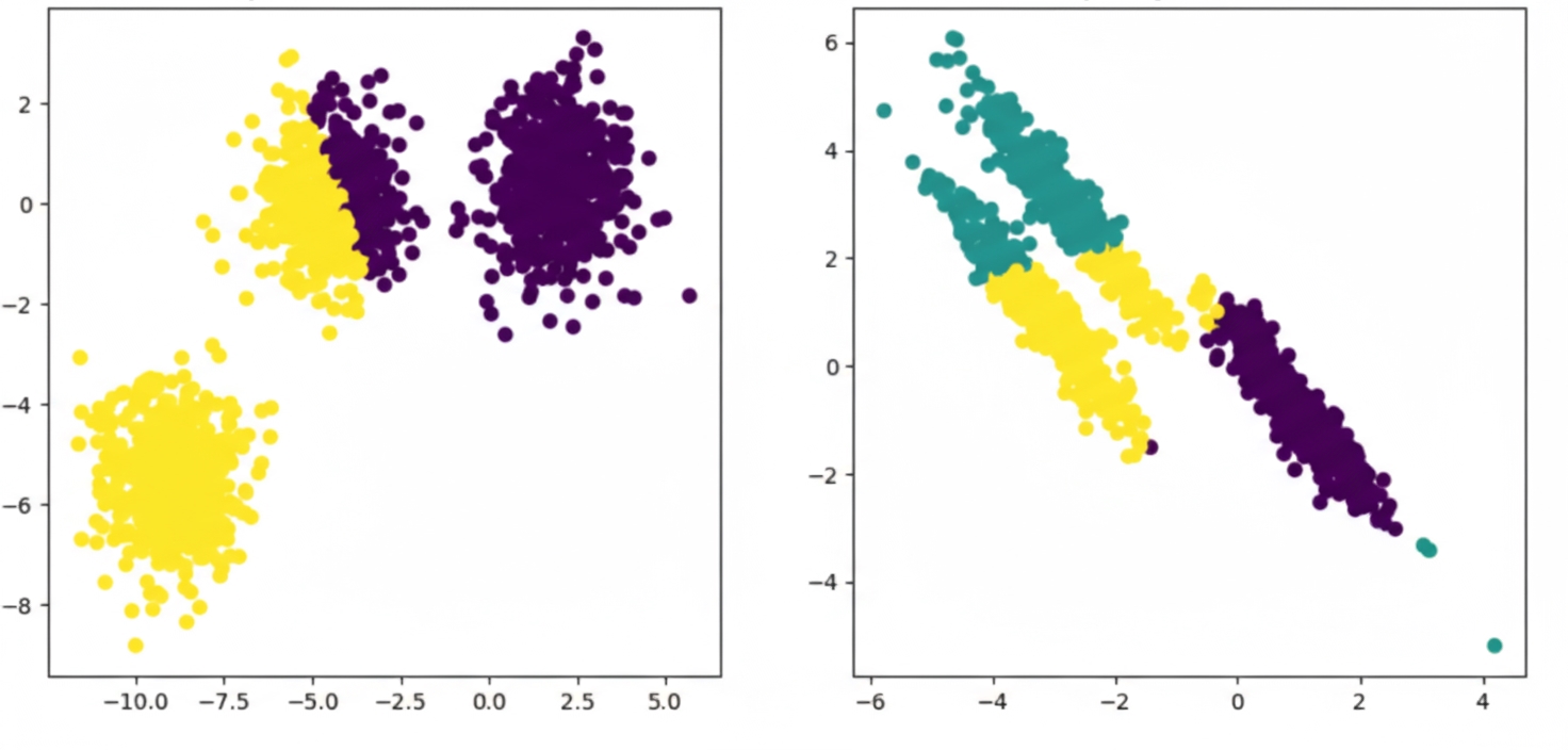 Cluster visualization example: two different data clusters produced by k-means; found clusters (color-coded) do not match actual clusters
