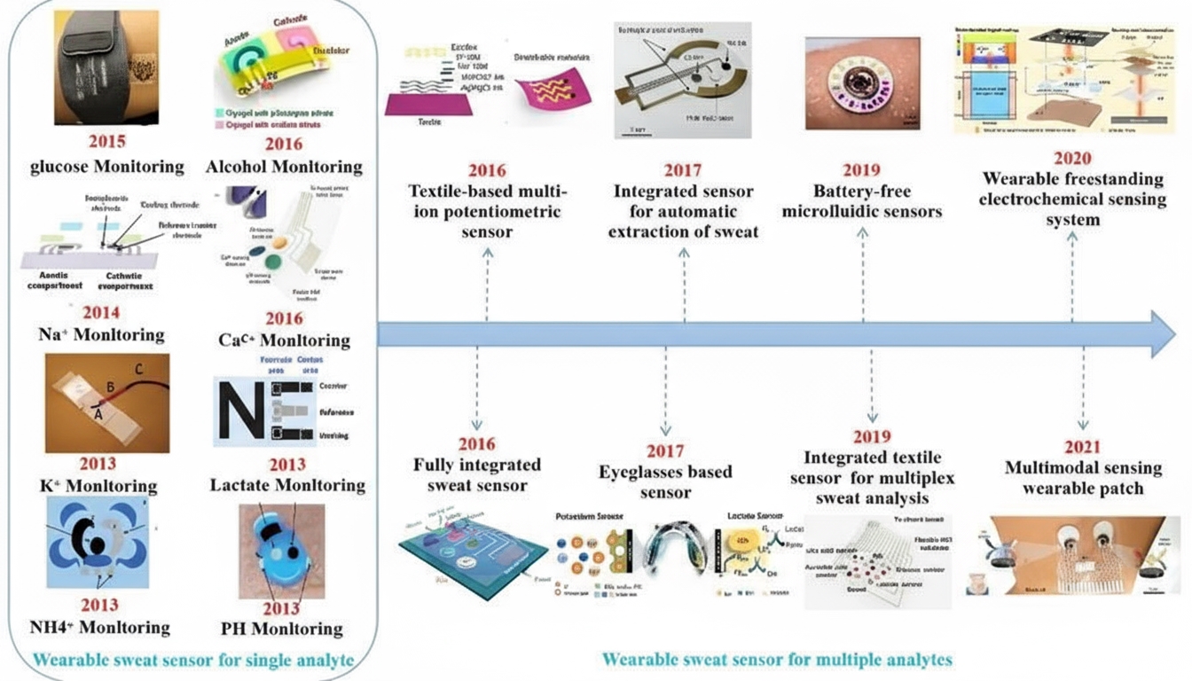 Timeline of wearable electrochemical sweat sensors for metabolites and electrolytes