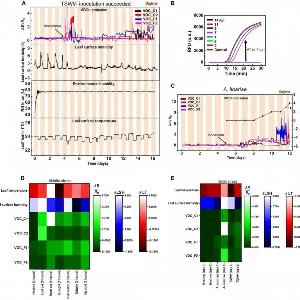 In situ detection of biotic stress on tomato plants with multimodal wearable sensor
