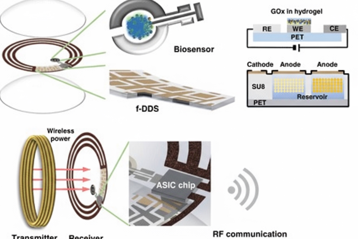 Schematic of smart contact lens for diabetes diagnosis and treatment