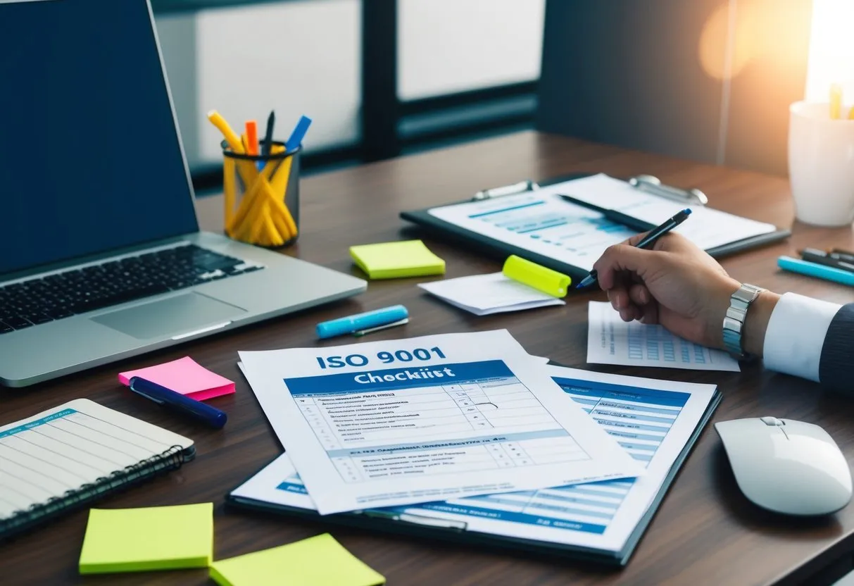 Stack of ISO 9001 certificates and quality audit reports on a desk