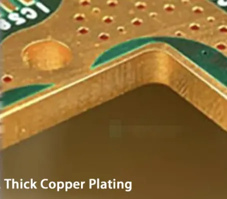 Cross-section view showing thick copper layers on a double-sided heavy copper PCB