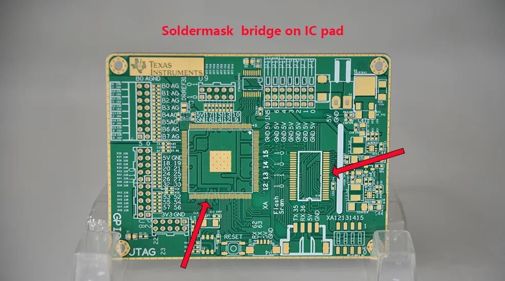 PCB design spacing for solder bridge prevention with solder mask application