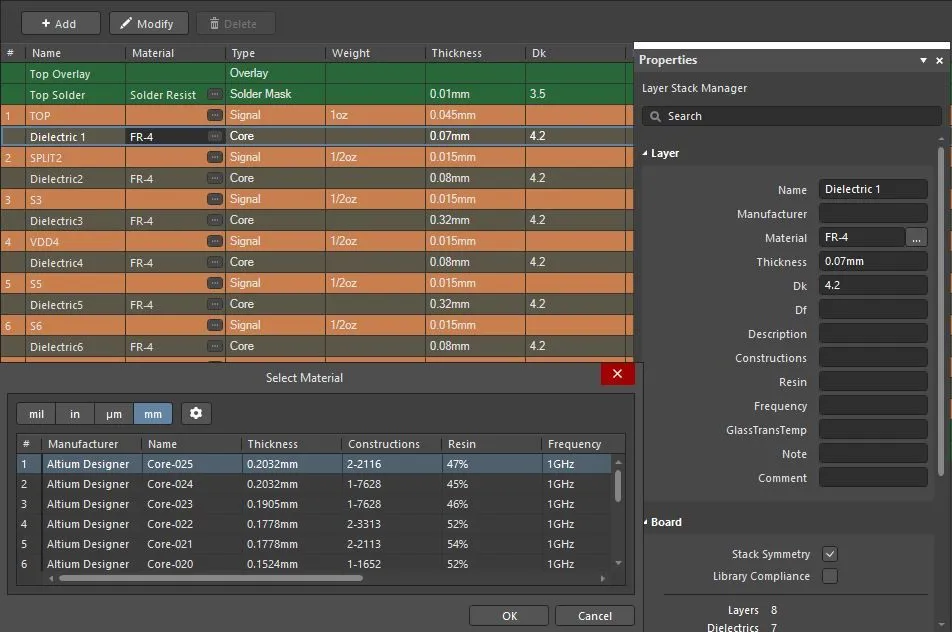 PCB design software showing inner layers and vias