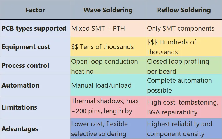 Infographic comparing reflow soldering vs wave soldering for PCB assembly.