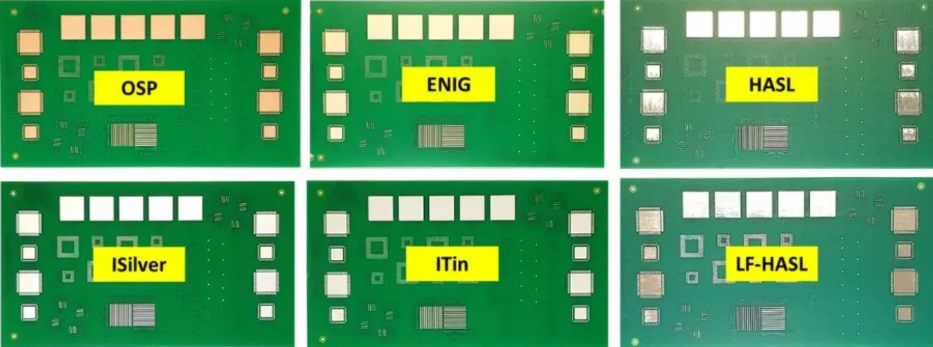 Comparison of PCB surface finishes and silk screen printing quality.