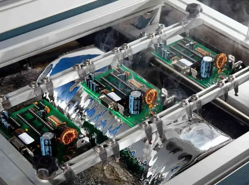 Wave soldering machine applying molten solder to PCB for through-hole components