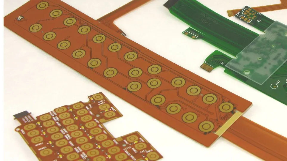 High-density flex PCB design with microvias and trace routing.