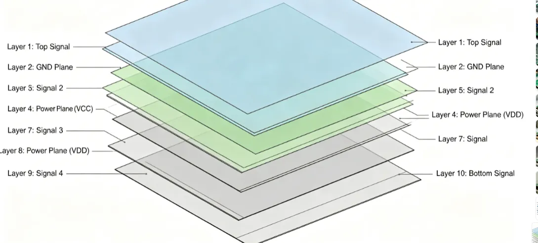 'Cross-section view of a 10-layer PCB showing power and ground plane assignments