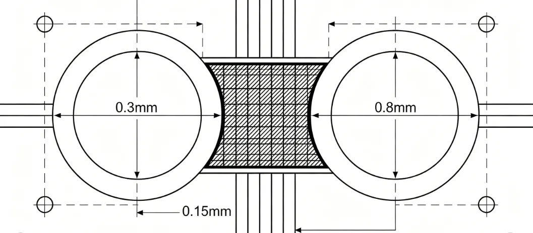 Diagram showing solder mask dam positioned between two adjacent pads on a PCB