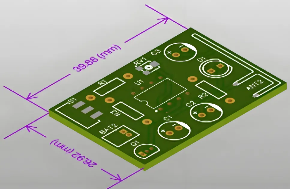 Finished custom-sized PCB showcasing unique dimensions