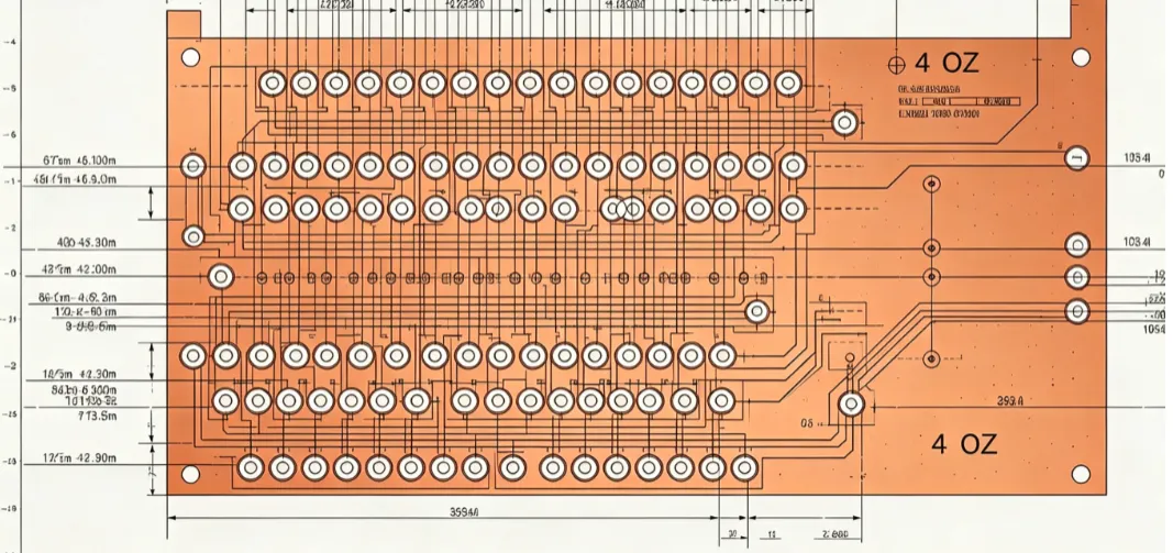 Layout view of multiple vias connecting high current layers in a 4 oz copper design