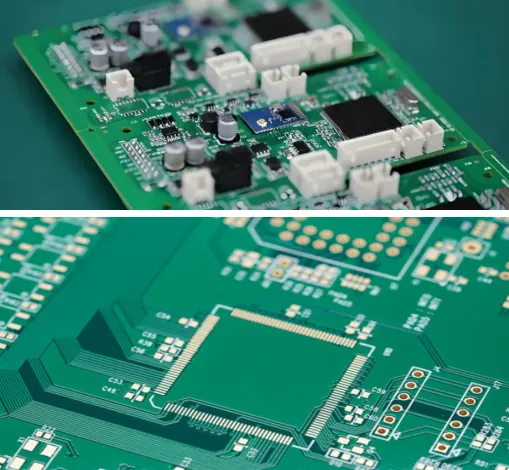 Comparison of a bare PCB and a completed PCBA with mounted components