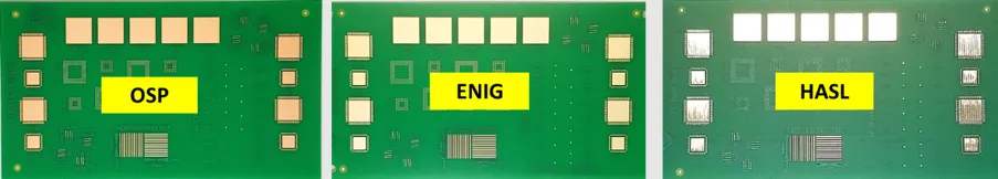 Close-up of PCB with OSP, HASL, and ENIG surface finishes for comparison.