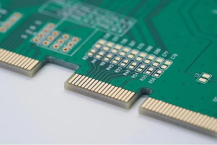 Close-up view of PCB gold fingers with gold plating on edge connectors