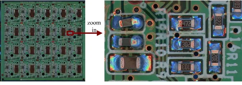 Close-up of PCB defect detection using AOI technology.