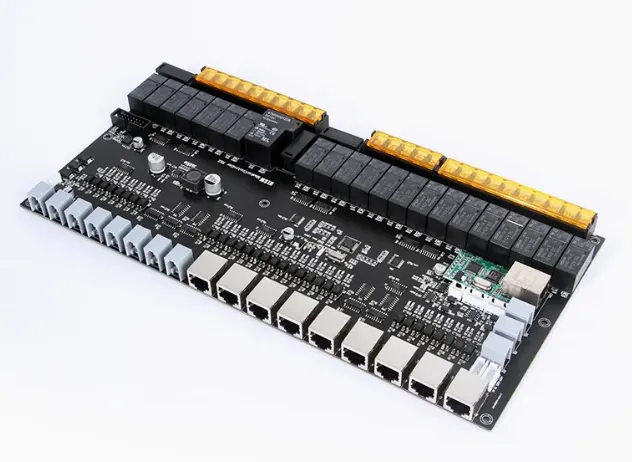 Hotel room control panel with microcontroller components for automation.