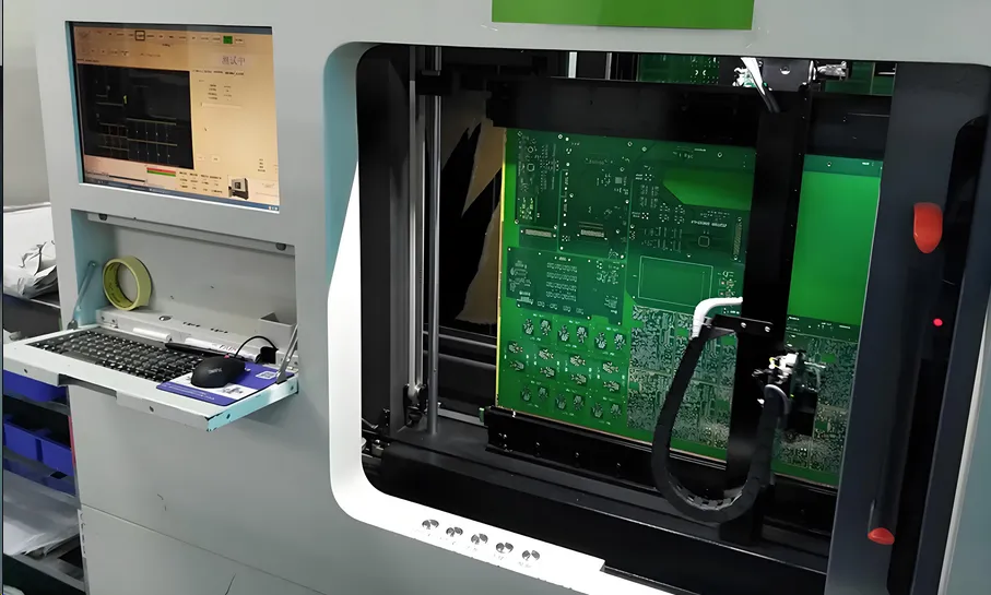 Flying probe testing machine inspecting a PCB for electrical faults.