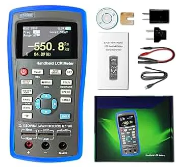 Handheld LCR meter for PCB diagnostics showing test leads and digital display