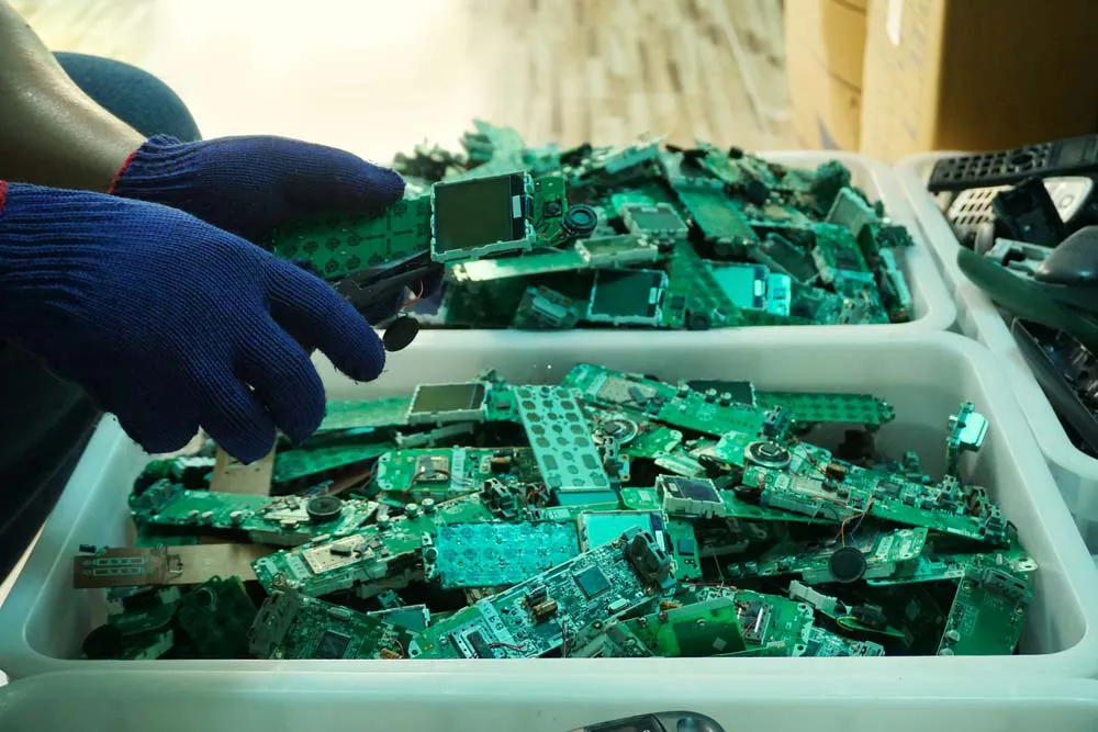 Disassembled PCB showing components for recycling and reuse