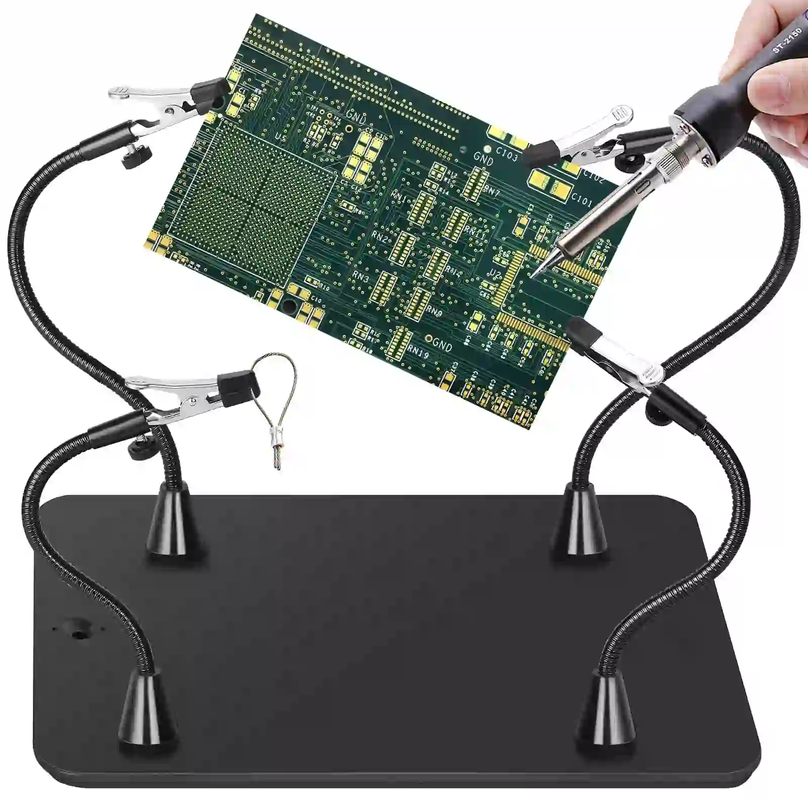 Helping hands tool holding a circuit board for soldering