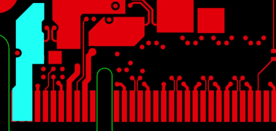 PCB design layout with annotated gold fingers and copper removal areas