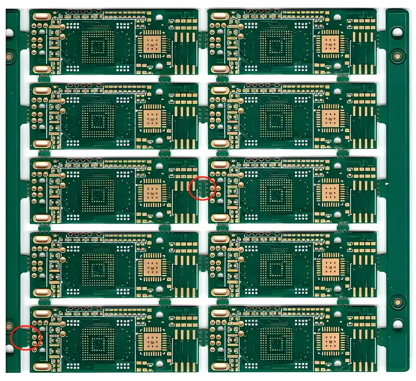 Diagram of optimal break tab placement for stress-free PCB depaneling.