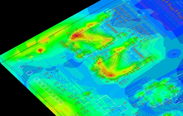 Color-coded heat map showing current flow on power plane