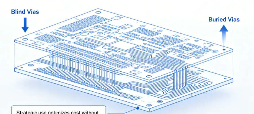 Blind and buried vias enable higher-density routing and smaller footprints, but their strategic use is key to optimizing HDI PCB costs without compromising performance.