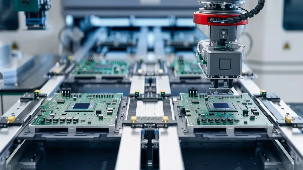 Automated PCB assembly line for high-volume production.