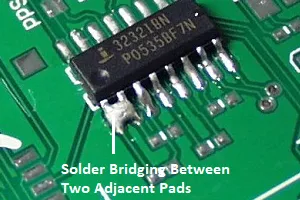 "Close-up of solder bridging and insufficient solder defects on PCB pads."