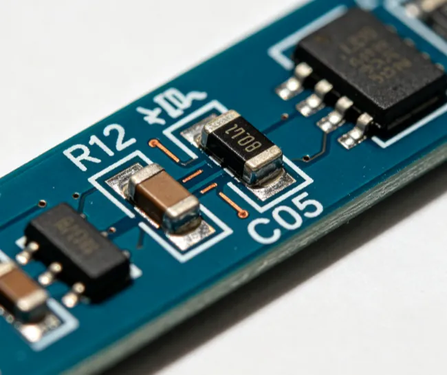 Close-up of silkscreen markings positioned around SMT pads and components