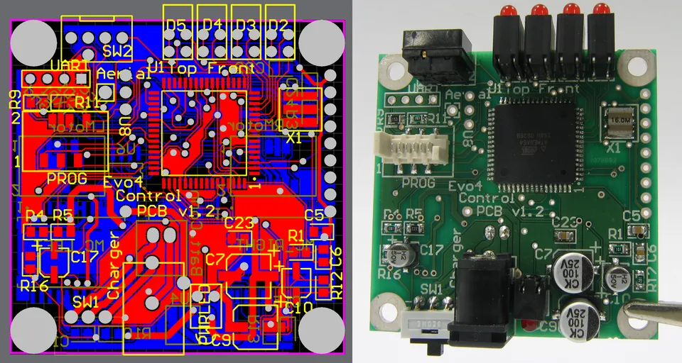 Hybrid PCB design with through-hole and SMT components.