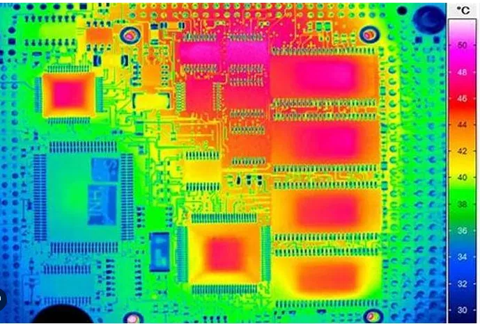 Color coded thermal map of a PCB showing heat distribution with different copper thicknesses