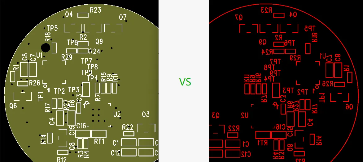 Comparison of mirrored vs. non-mirrored bottom silkscreen on PCB.