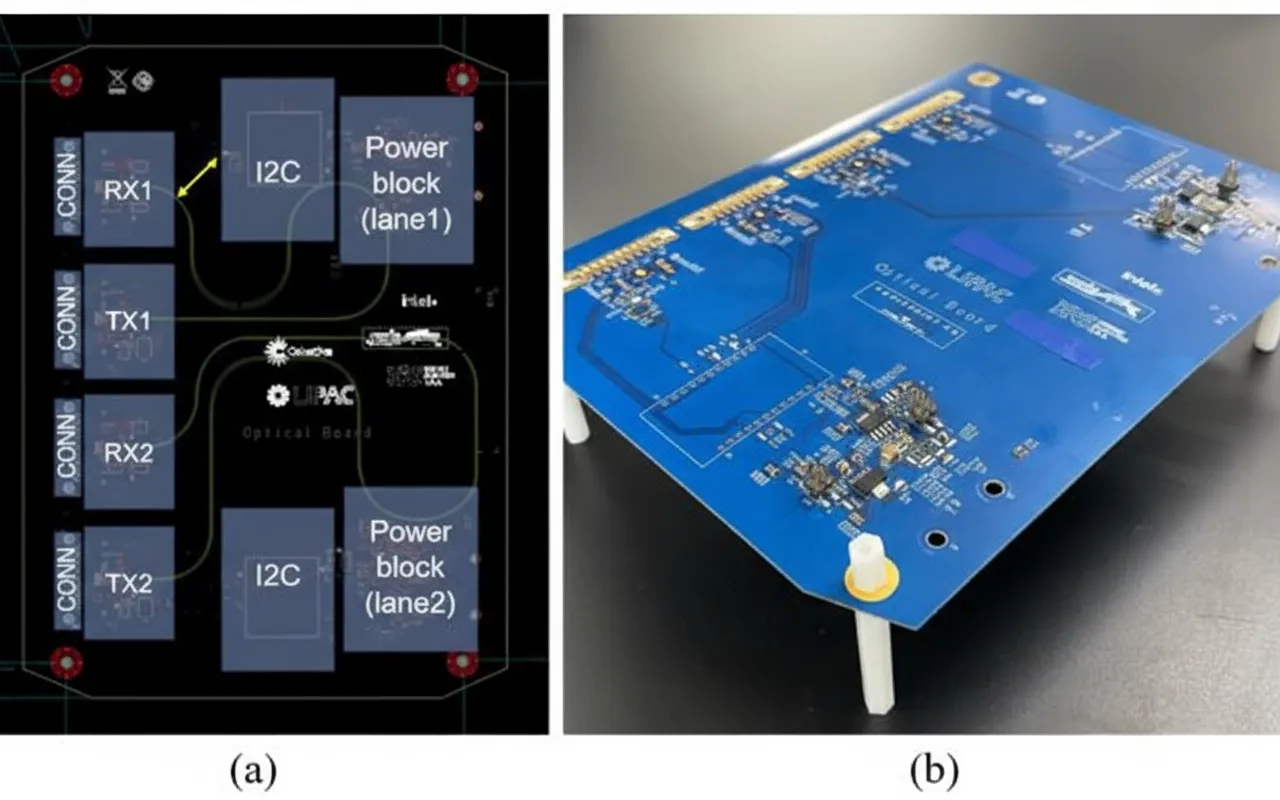 Figure 4. (a) PCB design of the demonstrator, including power block, I2C circuit, and RF connector.