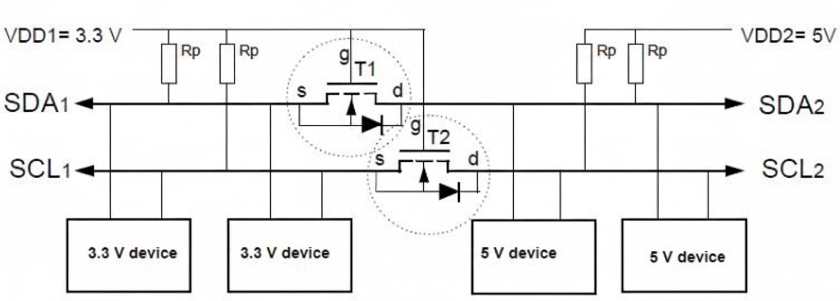 bidirectional MOSFET I2C level shifter