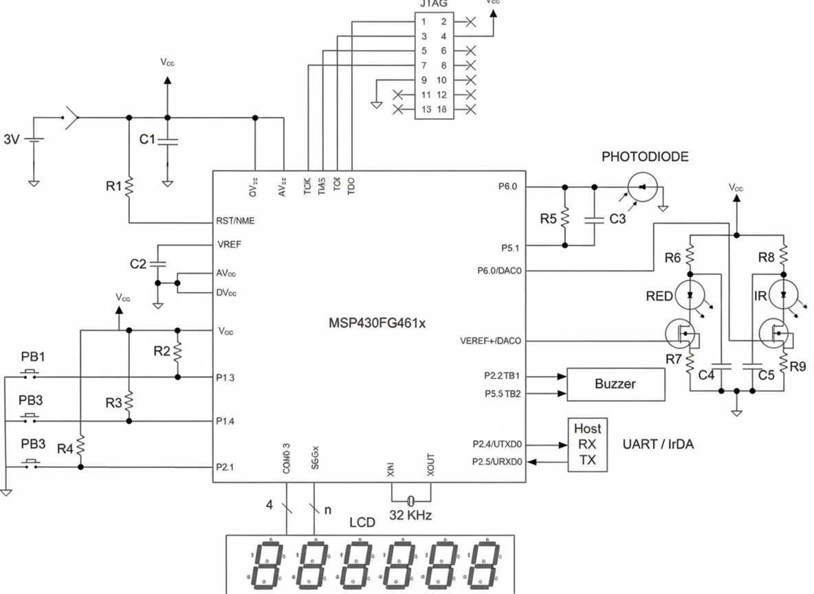 MSP430FG461x-based pulse oximeter block diagram