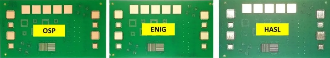 Comparison of OSP, HASL, and ENIG surface finishes on PCBs.