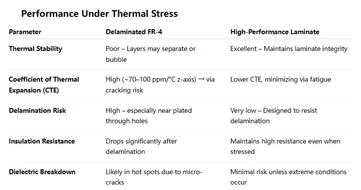 Comparison of delaminated FR-4 PCB and high-performance laminate under thermal stress.