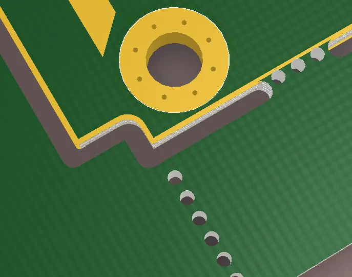 Close-up of mouse bites on a PCB panel for easy depaneling.