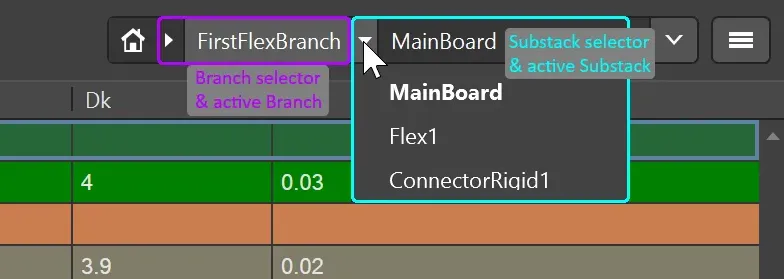Layer Stack Manager displaying rigid and flex substacks with polyimide materials