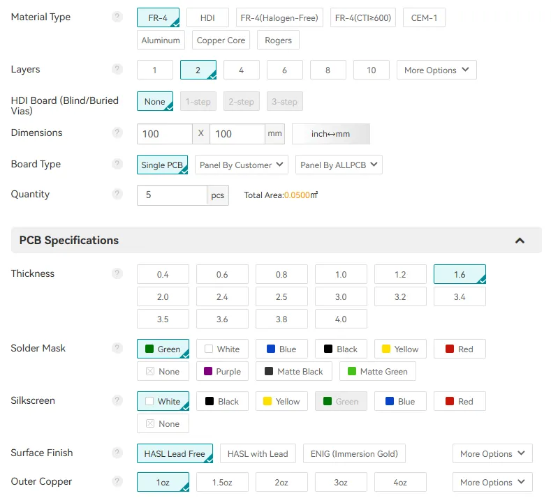 ALLPCB online quoting tool's main interface