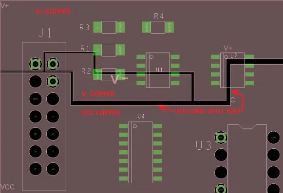 Illustration of a ground plane split with stitching capacitors for signal integrity